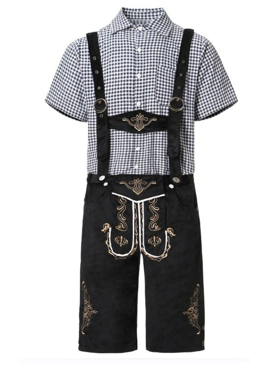 Elegante herenlederhosen-set met geborduurde broek, bretels en geruit overhemd – Ideaal voor feestelijke evenementen