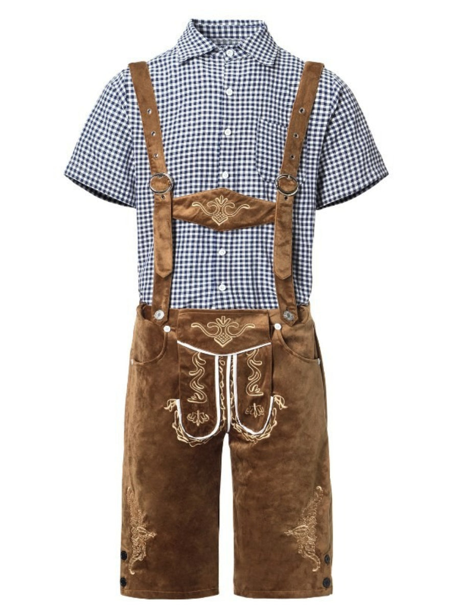 Elegante herenlederhosen-set met geborduurde broek, bretels en geruit overhemd – Ideaal voor feestelijke evenementen