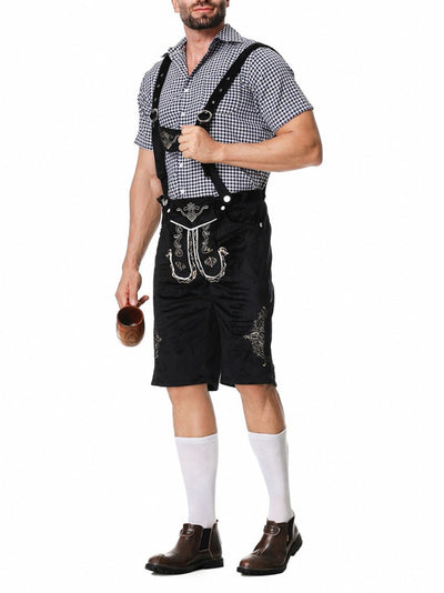 Elegante herenlederhosen-set met geborduurde broek, bretels en geruit overhemd – Ideaal voor feestelijke evenementen