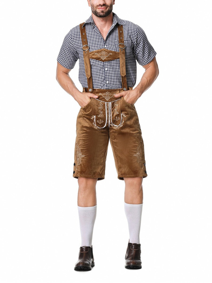 Elegante herenlederhosen-set met geborduurde broek, bretels en geruit overhemd – Ideaal voor feestelijke evenementen