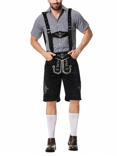 Elegante herenlederhosen-set met geborduurde broek, bretels en geruit overhemd – Ideaal voor feestelijke evenementen