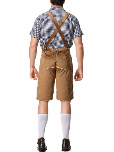 Elegante herenlederhosen-set met geborduurde broek, bretels en geruit overhemd – Ideaal voor feestelijke evenementen
