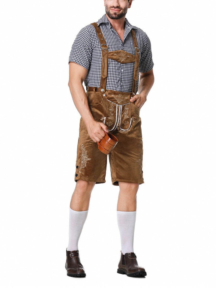 Elegante herenlederhosen-set met geborduurde broek, bretels en geruit overhemd – Ideaal voor feestelijke evenementen