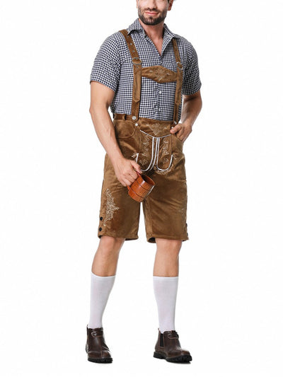 Elegante herenlederhosen-set met geborduurde broek, bretels en geruit overhemd – Ideaal voor feestelijke evenementen