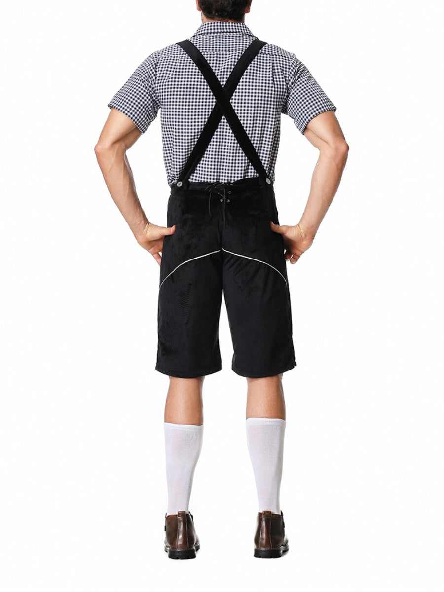 Elegante herenlederhosen-set met geborduurde broek, bretels en geruit overhemd – Ideaal voor feestelijke evenementen