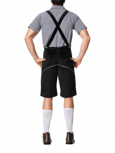 Elegante herenlederhosen-set met geborduurde broek, bretels en geruit overhemd – Ideaal voor feestelijke evenementen