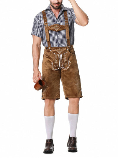 Elegante herenlederhosen-set met geborduurde broek, bretels en geruit overhemd – Ideaal voor feestelijke evenementen