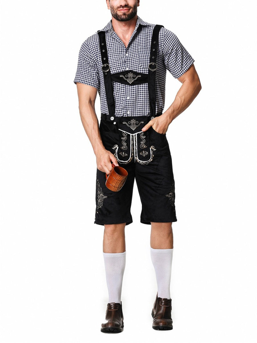 Elegante herenlederhosen-set met geborduurde broek, bretels en geruit overhemd – Ideaal voor feestelijke evenementen
