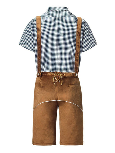 Elegante herenlederhosen-set met geborduurde broek, bretels en geruit overhemd – Ideaal voor feestelijke evenementen