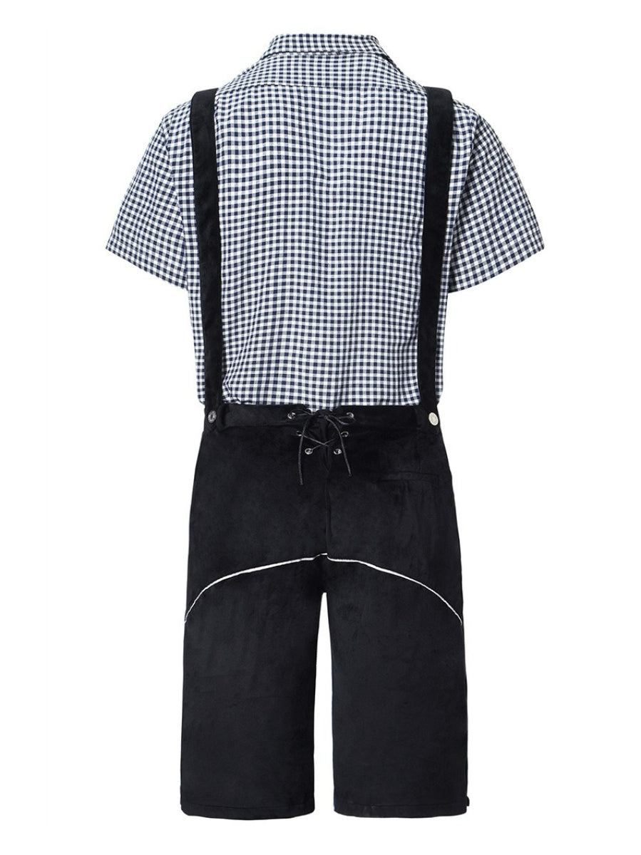Elegante herenlederhosen-set met geborduurde broek, bretels en geruit overhemd – Ideaal voor feestelijke evenementen