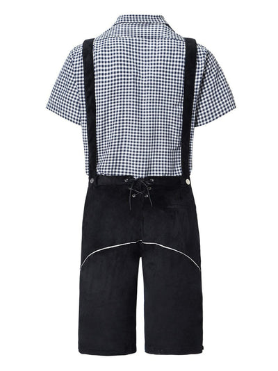 Elegante herenlederhosen-set met geborduurde broek, bretels en geruit overhemd – Ideaal voor feestelijke evenementen
