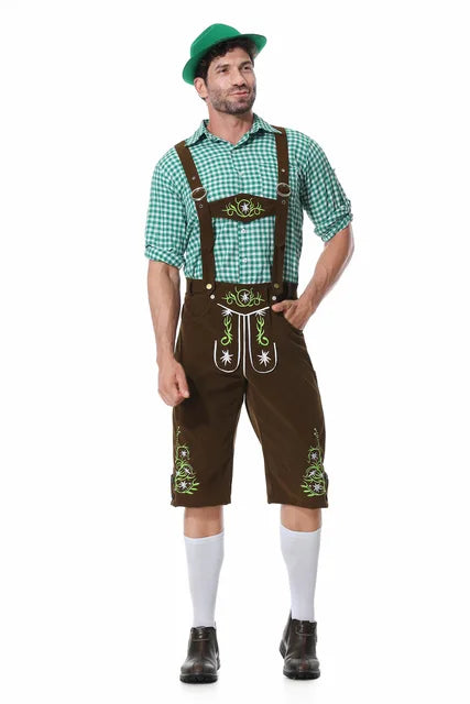Festieve heren Oktoberfest outfit met groen vest, broek, hoed en bretels voor een perfecte look
