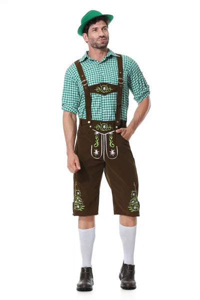 Festieve heren Oktoberfest outfit met groen vest, broek, hoed en bretels voor een perfecte look