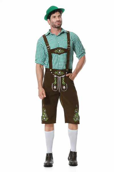 Festieve heren Oktoberfest outfit met groen vest, broek, hoed en bretels voor een perfecte look