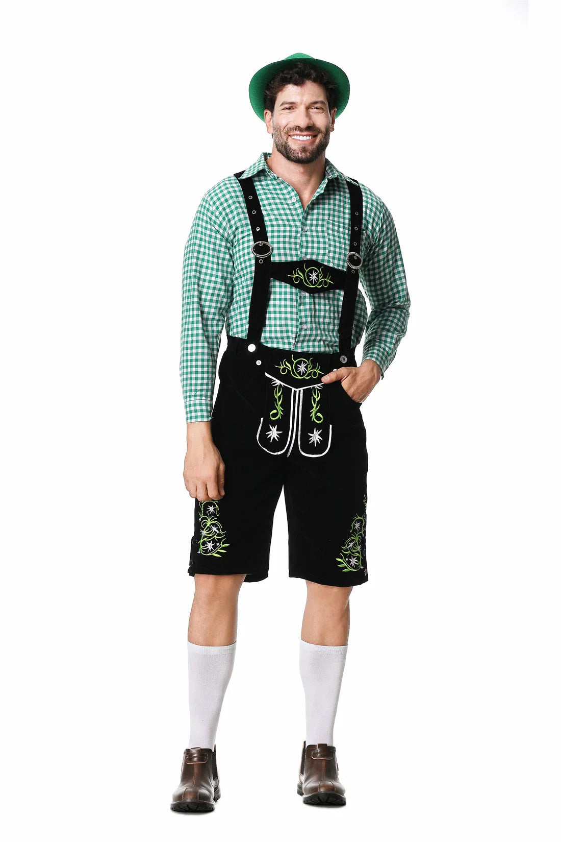 Festieve heren Oktoberfest outfit met groen vest, broek, hoed en bretels voor een perfecte look