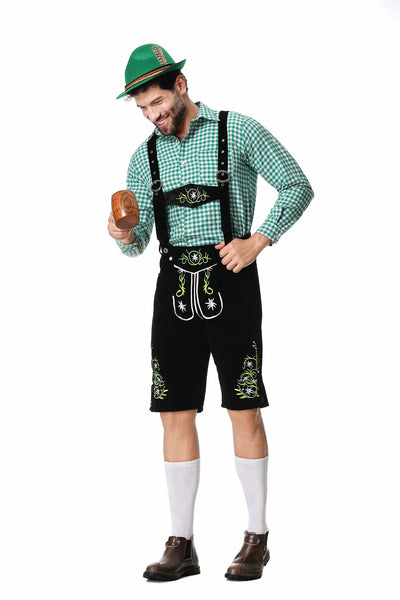 Festieve heren Oktoberfest outfit met groen vest, broek, hoed en bretels voor een perfecte look
