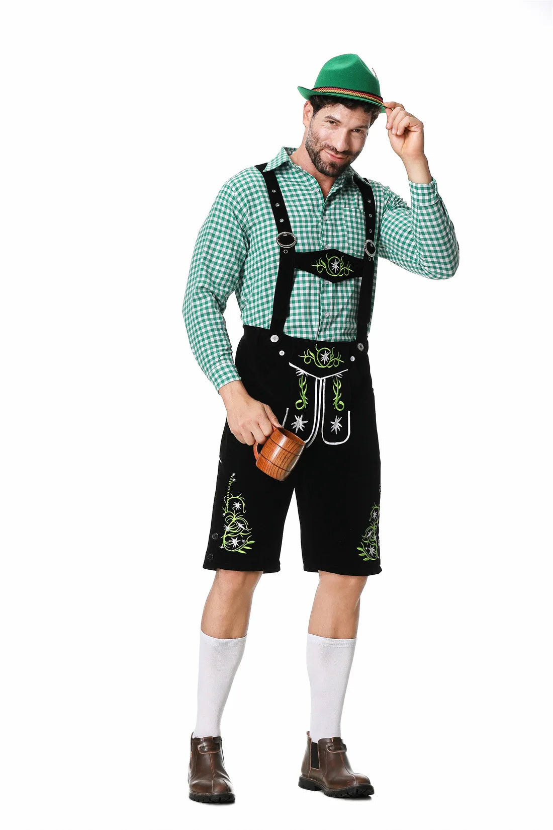 Festieve heren Oktoberfest outfit met groen vest, broek, hoed en bretels voor een perfecte look