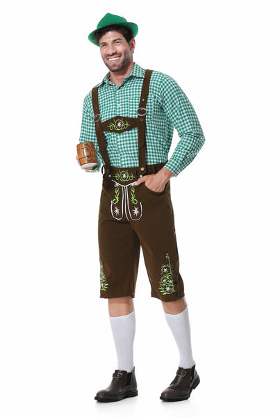 Festieve heren Oktoberfest outfit met groen vest, broek, hoed en bretels voor een perfecte look