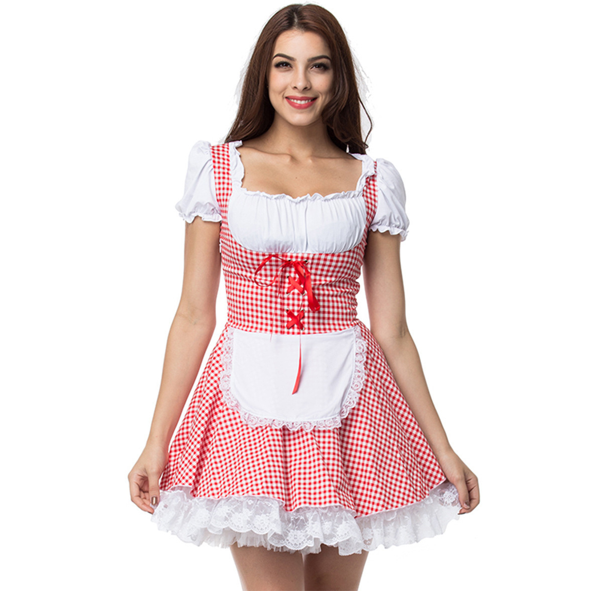 Modieuze schouderloze herfst dirndl voor dames met trendy ruitdesign