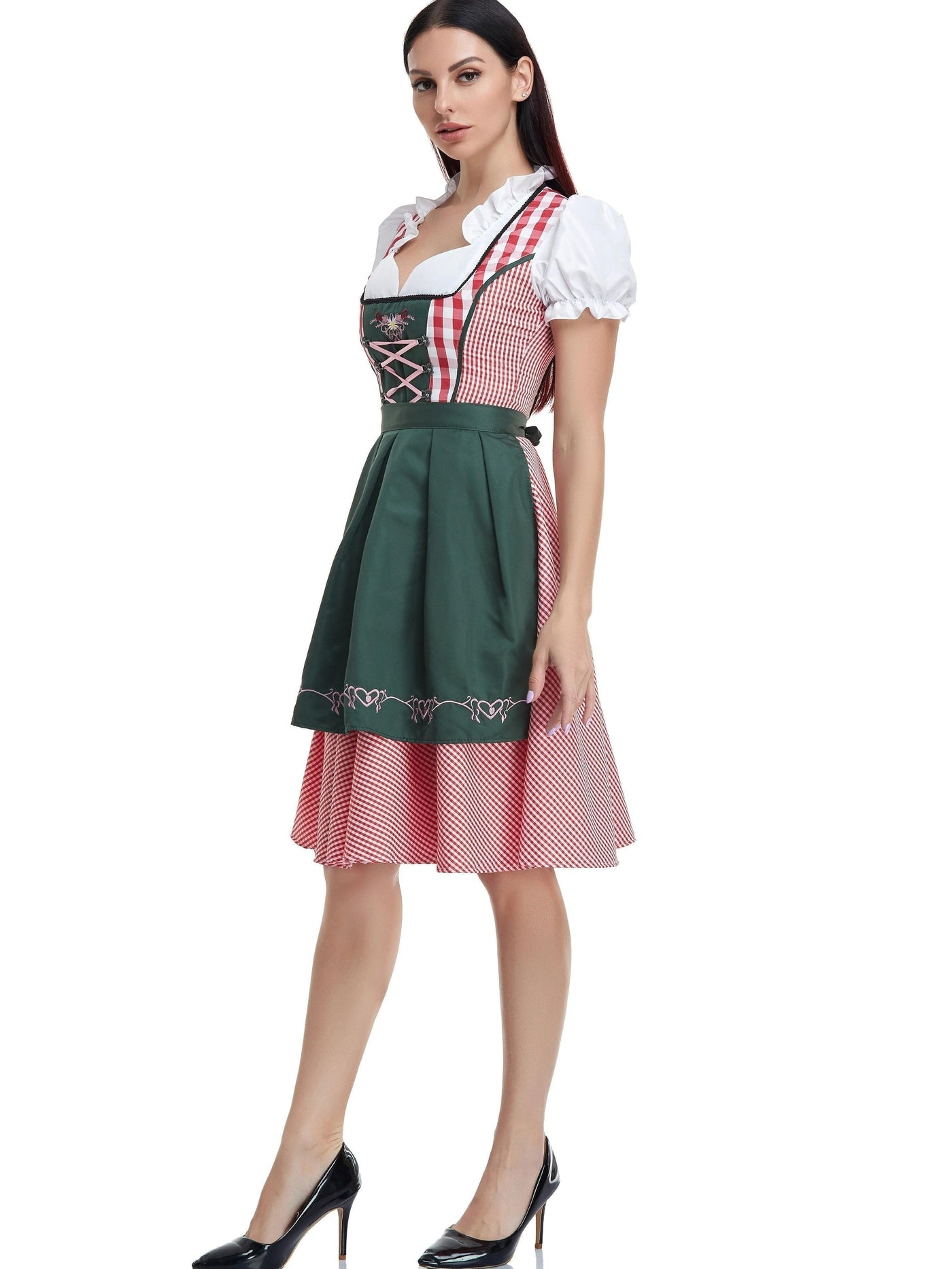 Stijlvolle dames-dirndl in olijfgroen met bijpassende schort – Traditionele snit voor feestelijke gelegenheden