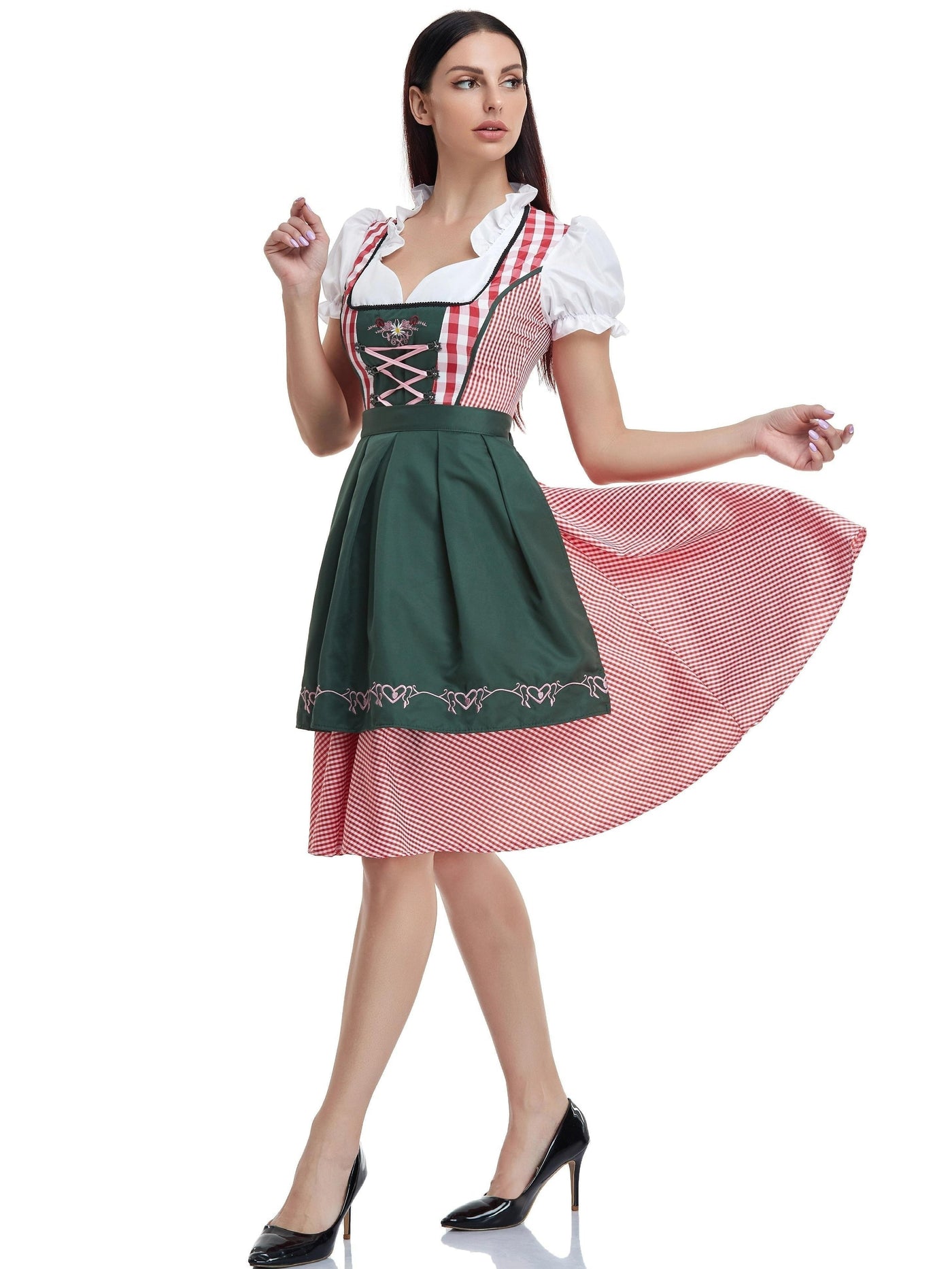 Stijlvolle dames-dirndl in olijfgroen met bijpassende schort – Traditionele snit voor feestelijke gelegenheden