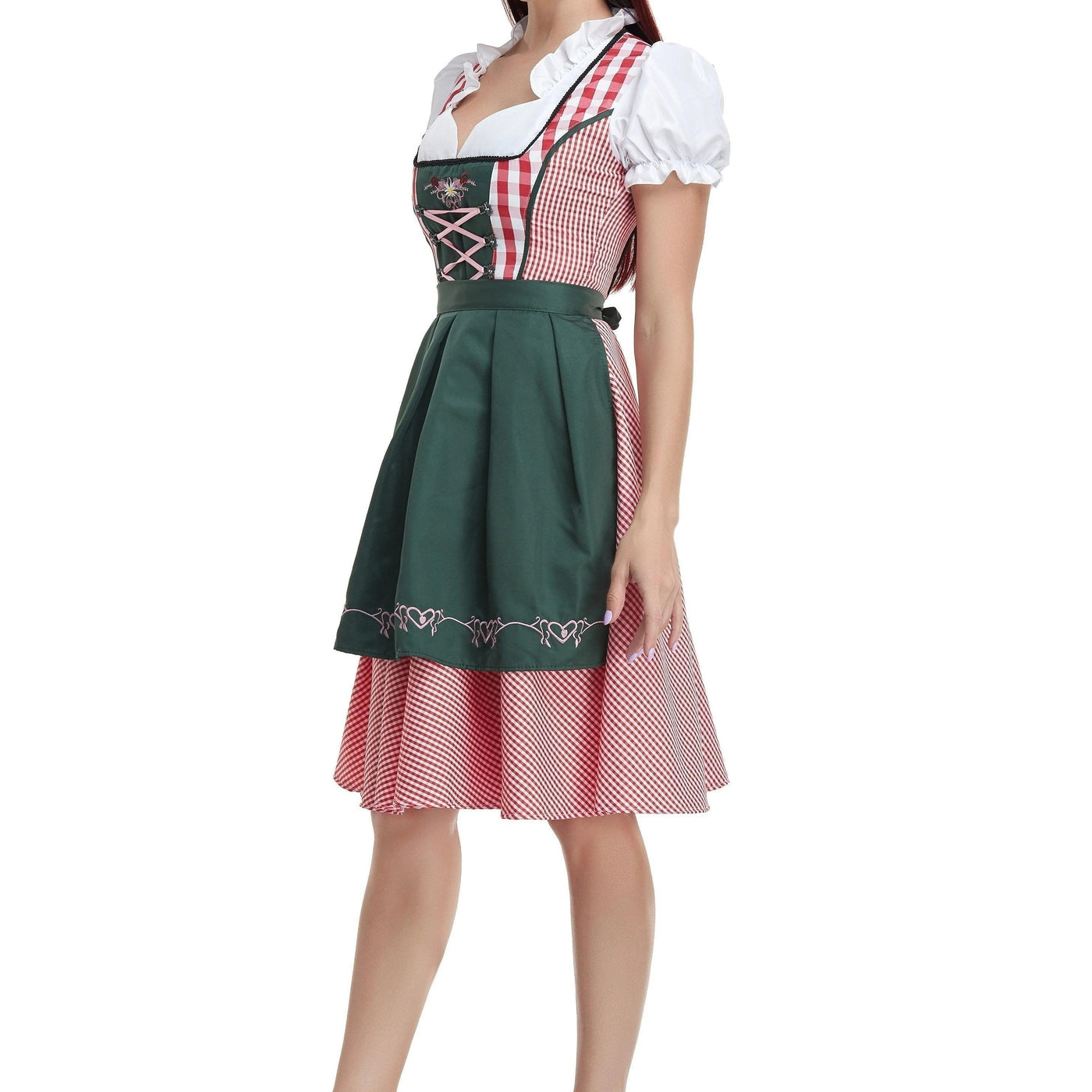 Stijlvolle dames-dirndl in olijfgroen met bijpassende schort – Traditionele snit voor feestelijke gelegenheden