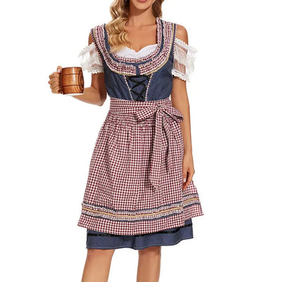 Stijlvolle dames-dirndl met chic ruitpatroon en bijpassende schort voor een perfecte traditionele uitstraling