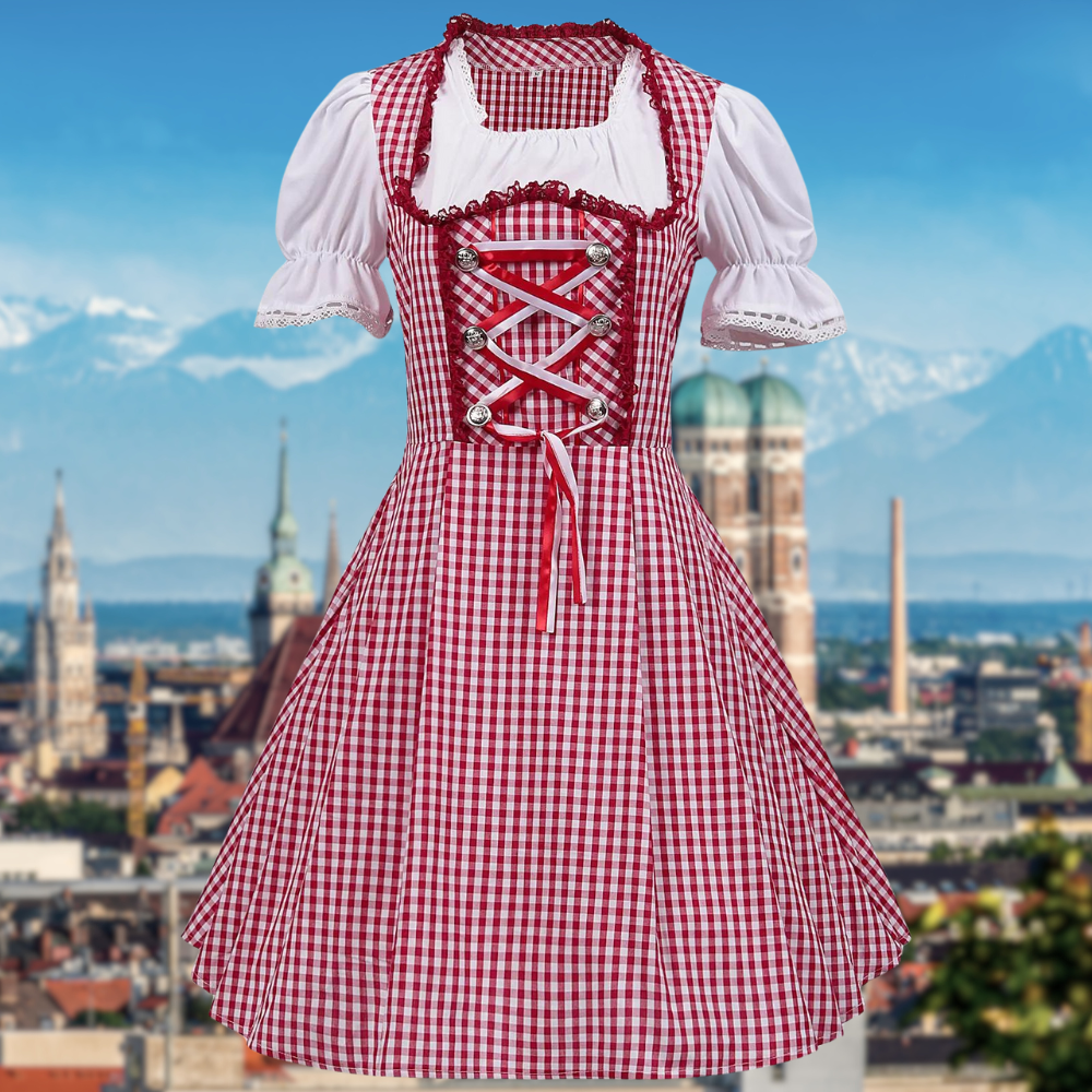 Stijlvolle dames-dirndl met een charmant ruitpatroon en elegante ruches voor feestelijke evenementen