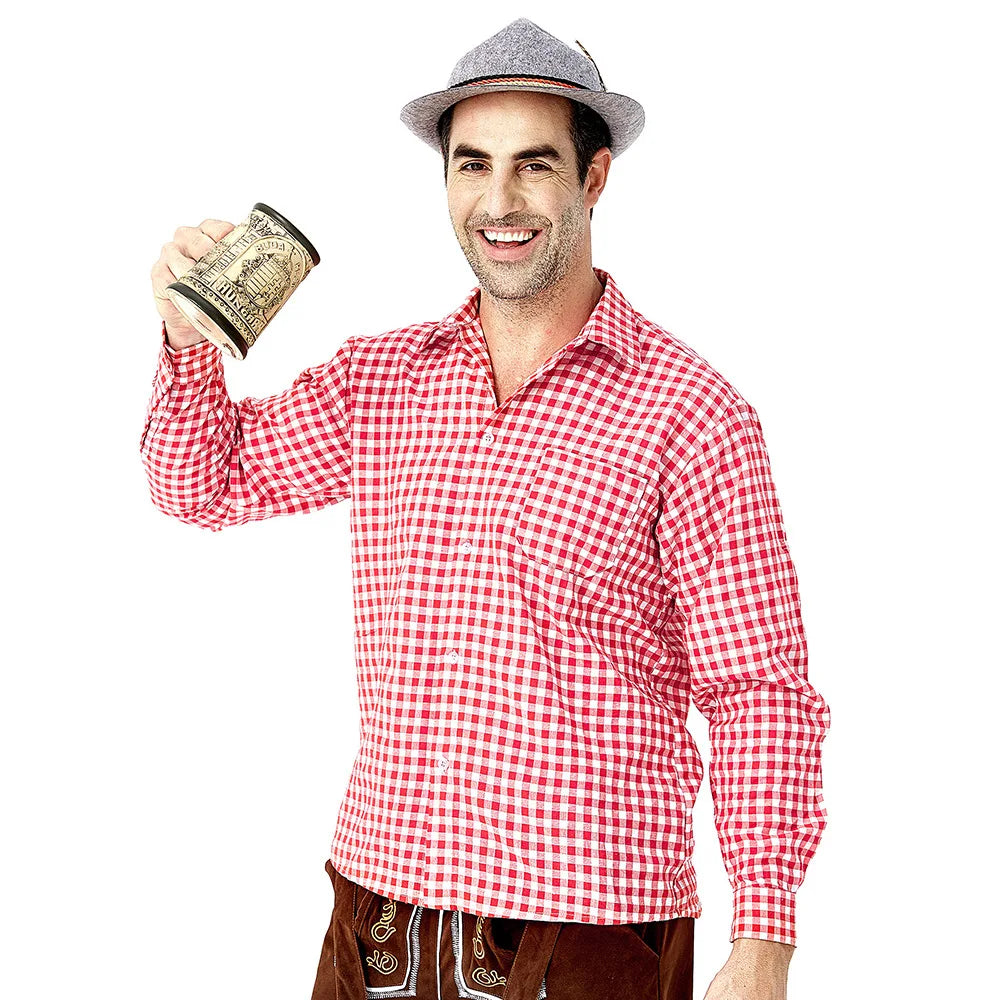 Stijlvol herenlederhosen-set met verfijnde borduursels, trendy geruit shirt en klassieke hoed voor een authentieke Beierse uitstraling