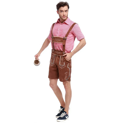 Stijlvol herenlederhosen-set met verfijnde borduursels, trendy geruit shirt en klassieke hoed voor een authentieke Beierse uitstraling