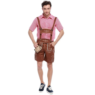 Stijlvol herenlederhosen-set met verfijnde borduursels, trendy geruit shirt en klassieke hoed voor een authentieke Beierse uitstraling