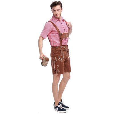 Stijlvol herenlederhosen-set met verfijnde borduursels, trendy geruit shirt en klassieke hoed voor een authentieke Beierse uitstraling