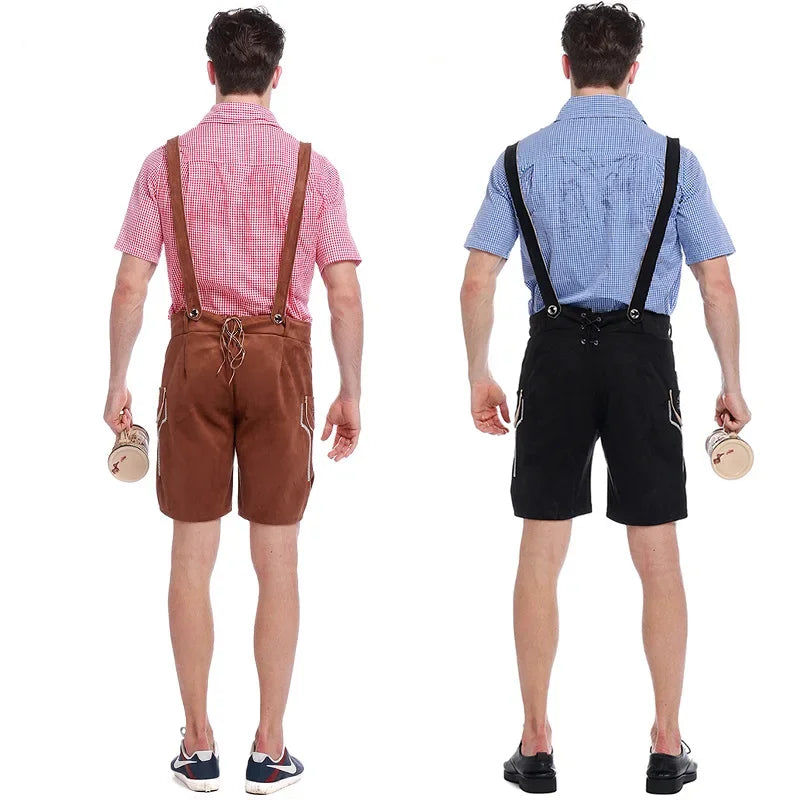 Stijlvol herenlederhosen-set met verfijnde borduursels, trendy geruit shirt en klassieke hoed voor een authentieke Beierse uitstraling