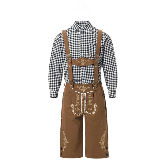 Stijlvol herenlederhosen-set met verfijnde borduursels en geruit overhemd – Ideaal voor feesten