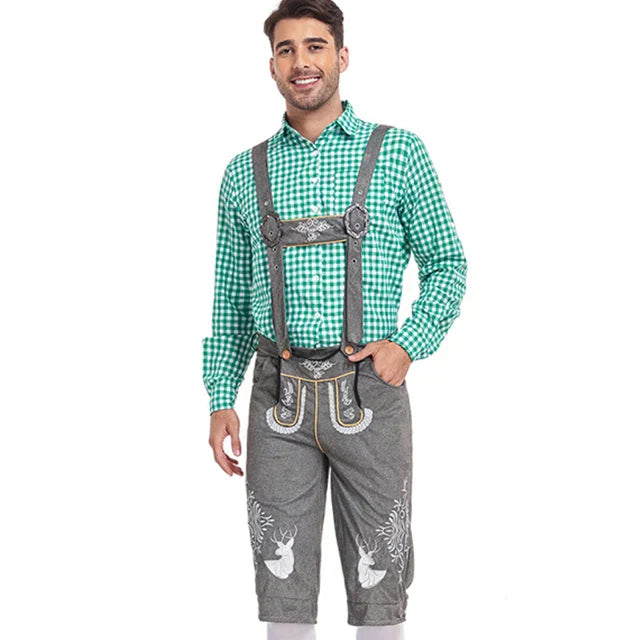 Stijlvol herenlederhosen-set met verfijnde borduursels en geruit overhemd – Ideaal voor feesten