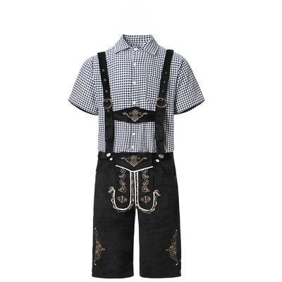 Stijlvol herenlederhosen-set met verfijnde borduursels en geruit overhemd – Ideaal voor feesten