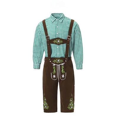 Stijlvol herenlederhosen-set met verfijnde borduursels en geruit overhemd – Ideaal voor feesten