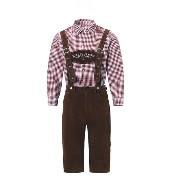 Stijlvol herenlederhosen-set met verfijnde borduursels en geruit overhemd – Ideaal voor feesten