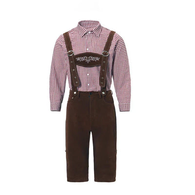 Stijlvol herenlederhosen-set met verfijnde borduursels en geruit overhemd – Ideaal voor feesten