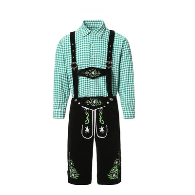 Stijlvol herenlederhosen-set met verfijnde borduursels en geruit overhemd – Ideaal voor feesten