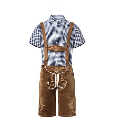 Stijlvol herenlederhosen-set met verfijnde borduursels en geruit overhemd – Ideaal voor feesten