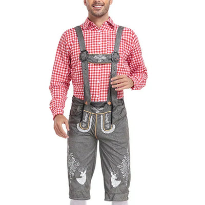 Stijlvol herenlederhosen-set met verfijnde borduursels en geruit overhemd – Ideaal voor feesten