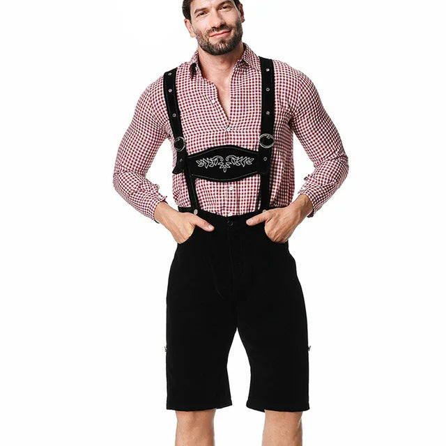 Stijlvol herenlederhosen-set met verfijnde borduursels en geruit overhemd – Ideaal voor feesten