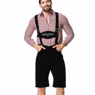 Stijlvol herenlederhosen-set met verfijnde borduursels en geruit overhemd – Ideaal voor feesten