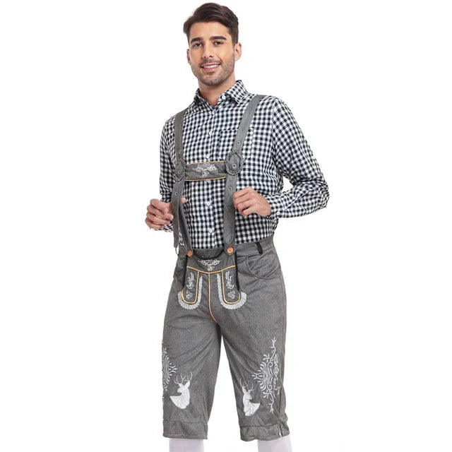 Stijlvol herenlederhosen-set met verfijnde borduursels en geruit overhemd – Ideaal voor feesten