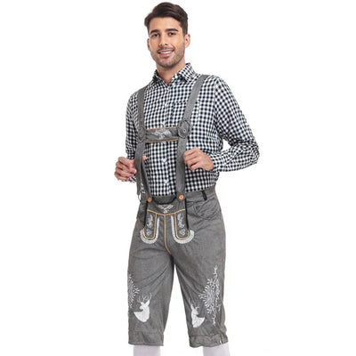 Stijlvol herenlederhosen-set met verfijnde borduursels en geruit overhemd – Ideaal voor feesten