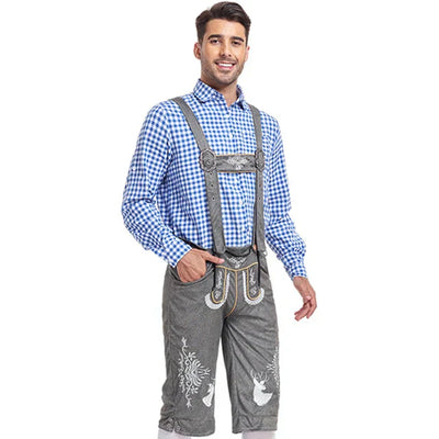 Stijlvol herenlederhosen-set met verfijnde borduursels en geruit overhemd – Ideaal voor feesten