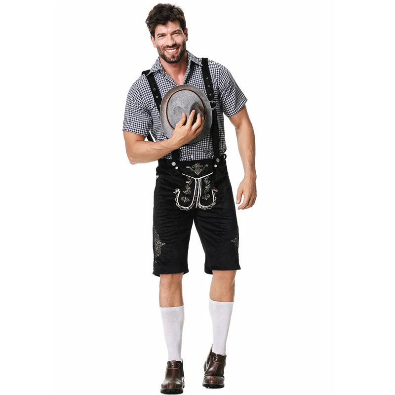Stijlvol herenlederhosen-set met verfijnde borduursels en geruit overhemd – Ideaal voor feesten