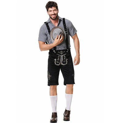 Stijlvol herenlederhosen-set met verfijnde borduursels en geruit overhemd – Ideaal voor feesten