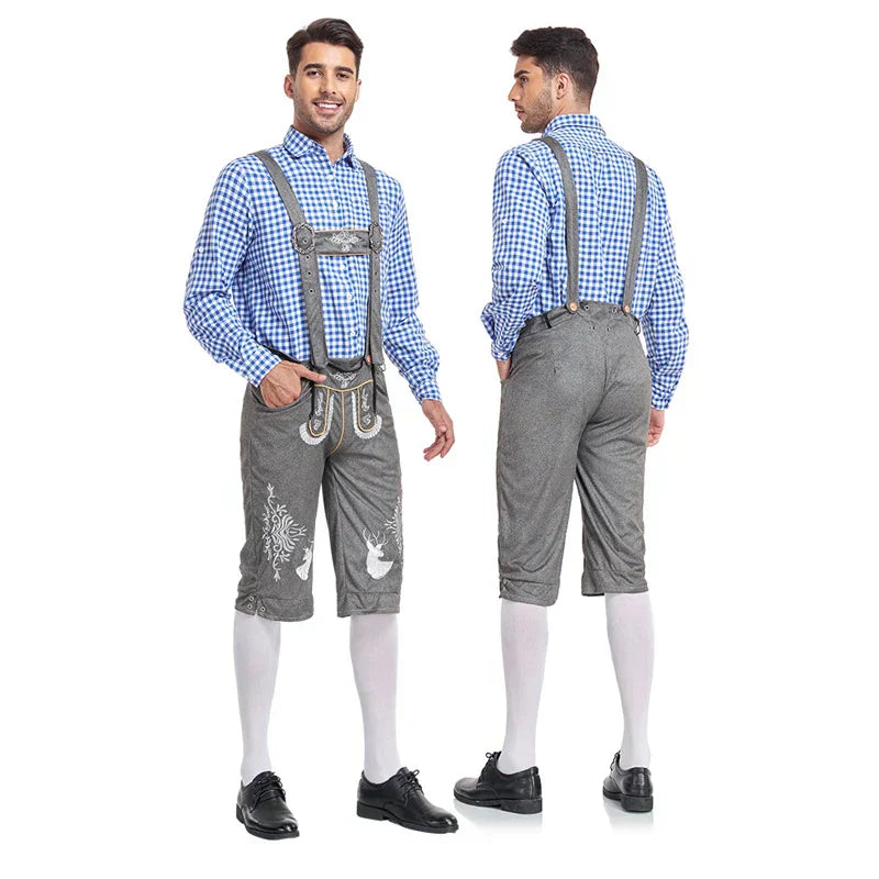 Stijlvol herenlederhosen-set met verfijnde borduursels en geruit overhemd – Ideaal voor feesten